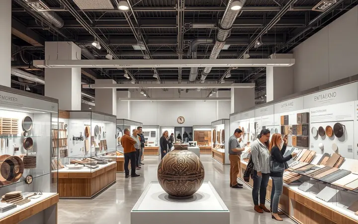 展览厅内展示传统手工艺品和历史文物，参观者正在浏览