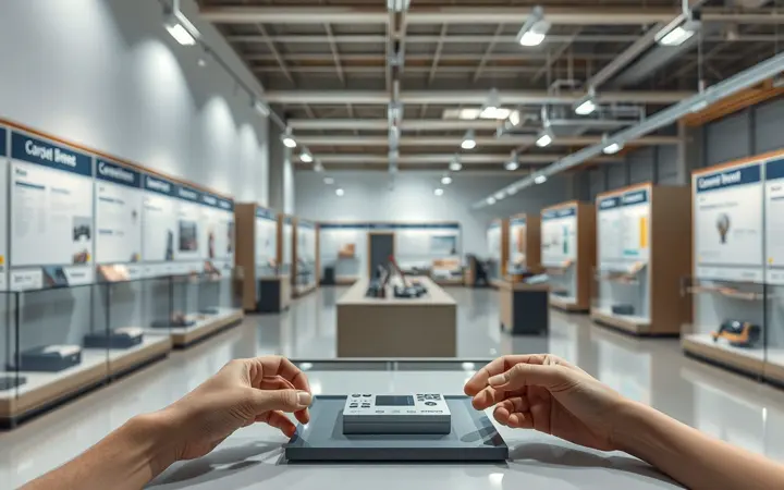 展览厅内整齐排列的展柜和展板，展示艺术品与说明牌