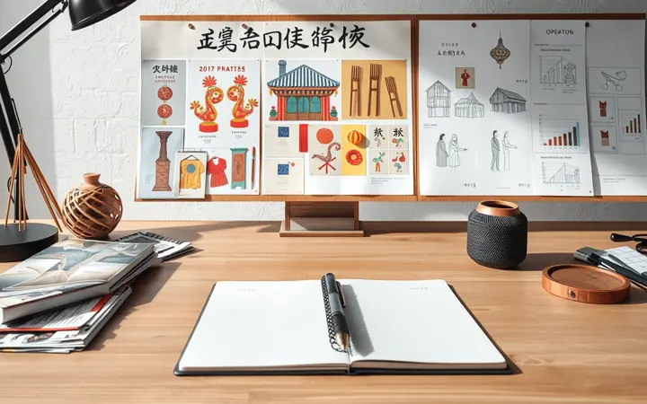 桌上放着笔记本、笔和灵感板，展示文化活动主题图片