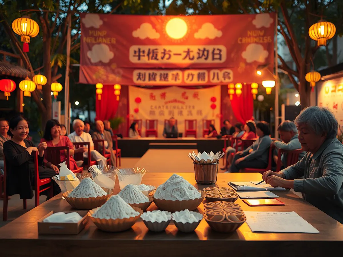 社区中秋晚会现场，舞台灯光温馨，居民参与互动活动