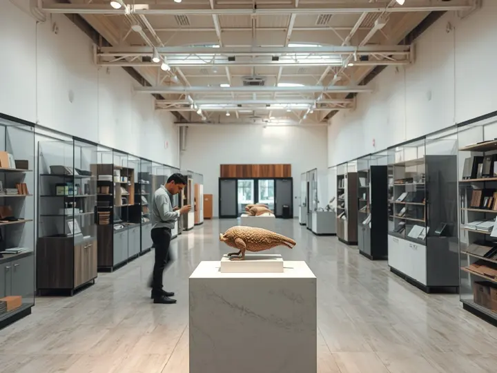展览活动组织服务采购对象示意图：展厅内工作人员正在布置展品