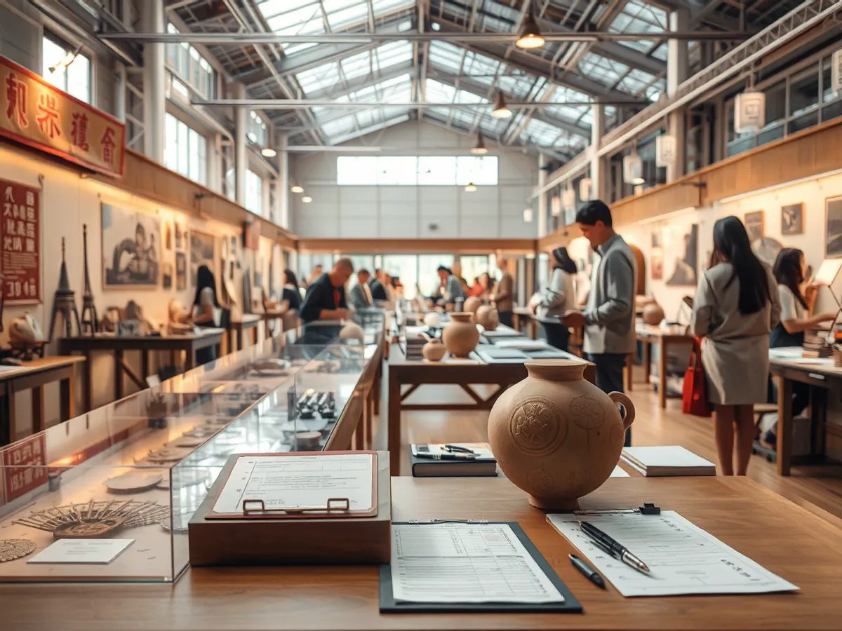 非遗进校园展览现场，展示剪纸与陶艺作品，师生参观