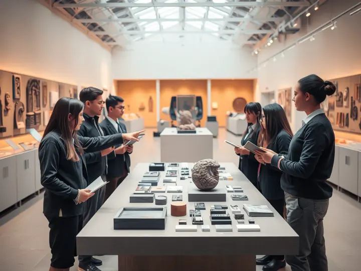 博物馆讲解员为学生介绍历史展品