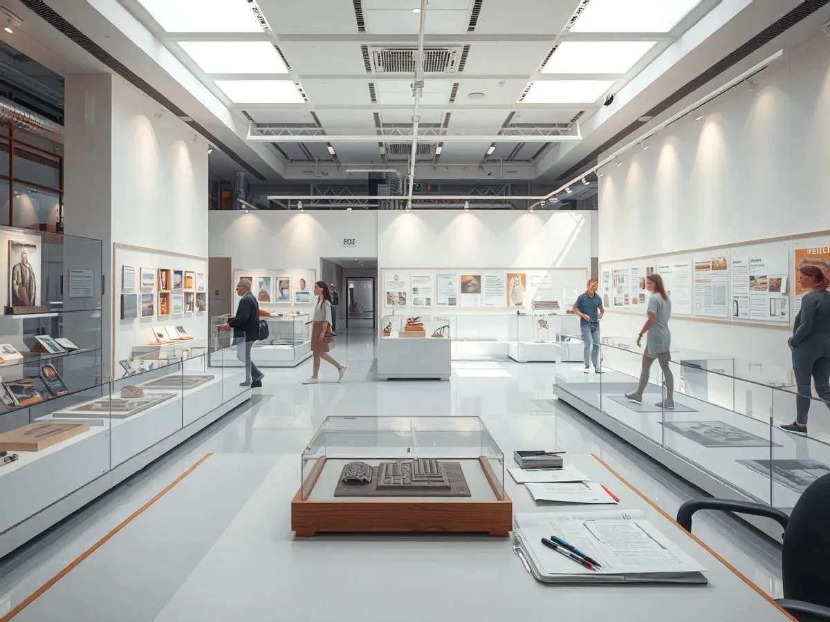 主题展览展厅内景，展柜与展品陈列，参观者漫步其中